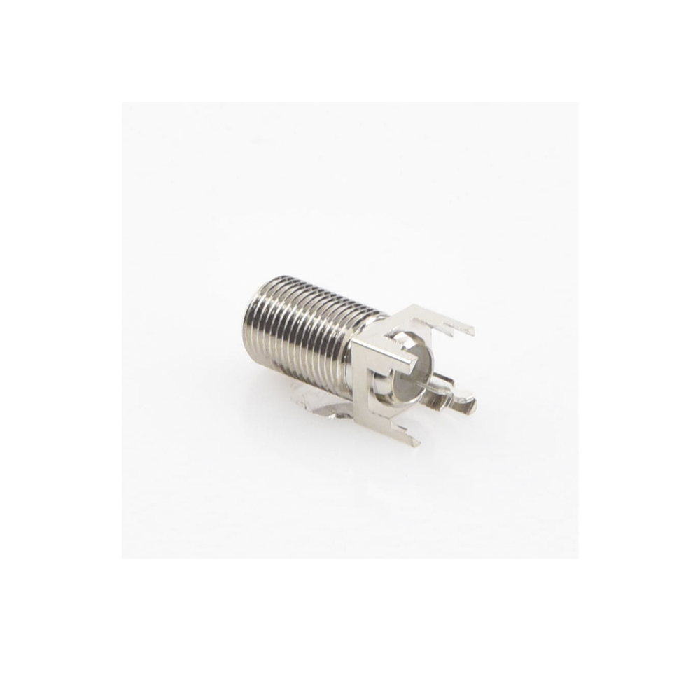 F Female Connector for Vertical PCB Mount, Nickel/Tin/Polyethylene.