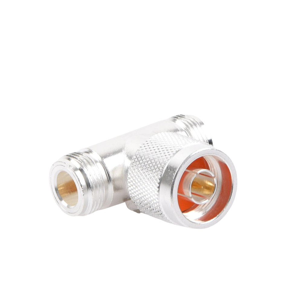 T-adapter, N Male to Double N Female Connector, Silver/Gold/Teflon.