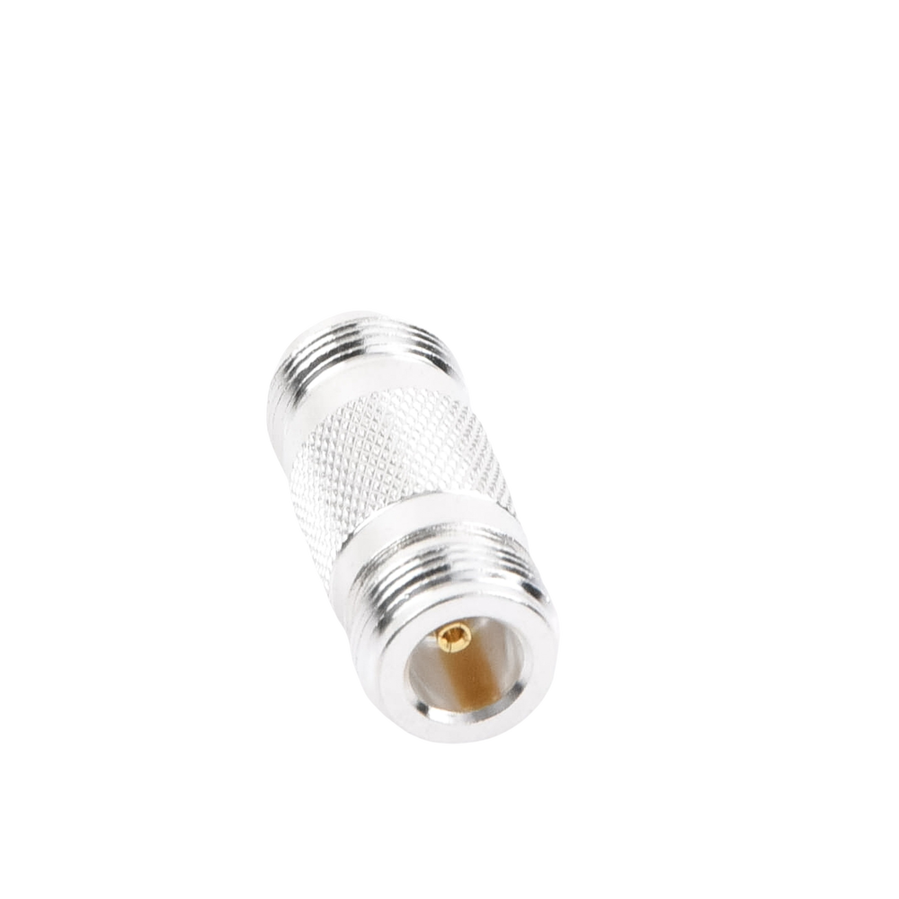 Inline Barrel Adapter for 50 Ohm, N Female to N Female Connector, Silver/Gold/Teflon.