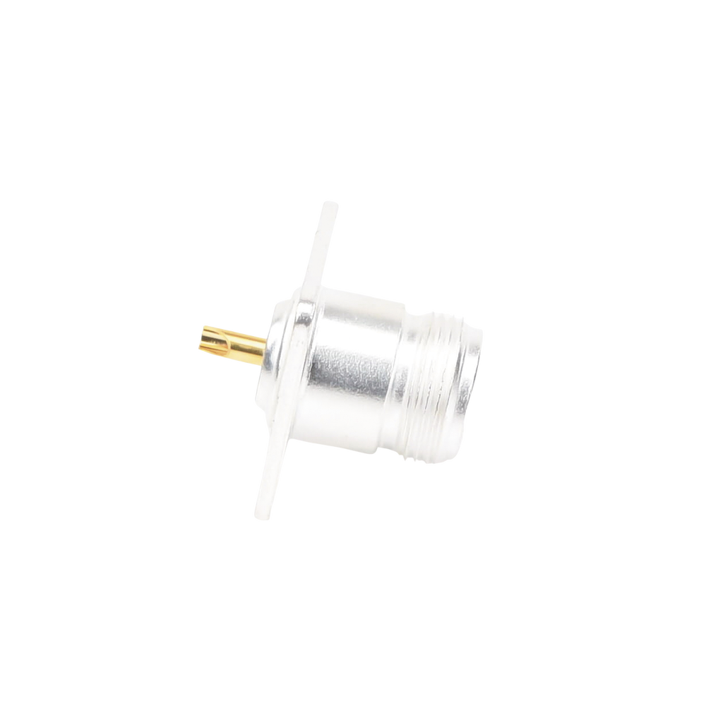 N Female Front Panel Mount Connector with 4 Holes at 18mm, Silver/Gold/Teflon.