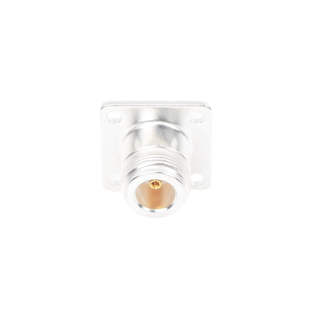 N Female Front Panel Mount Connector with 4 Holes at 18mm, Silver/Gold/Teflon.