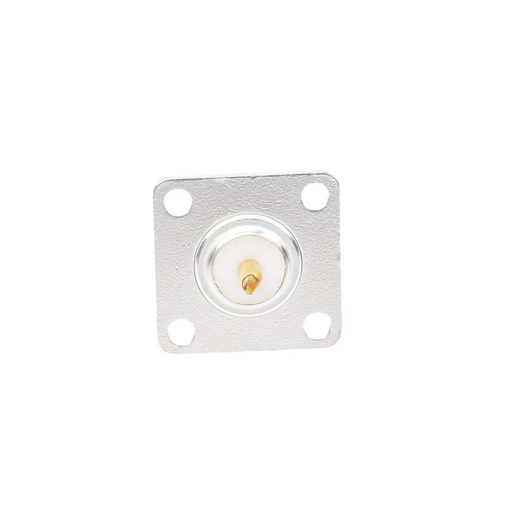 N Female Front Panel Mount Connector with 4 Holes at 18mm, Silver/Gold/Teflon.