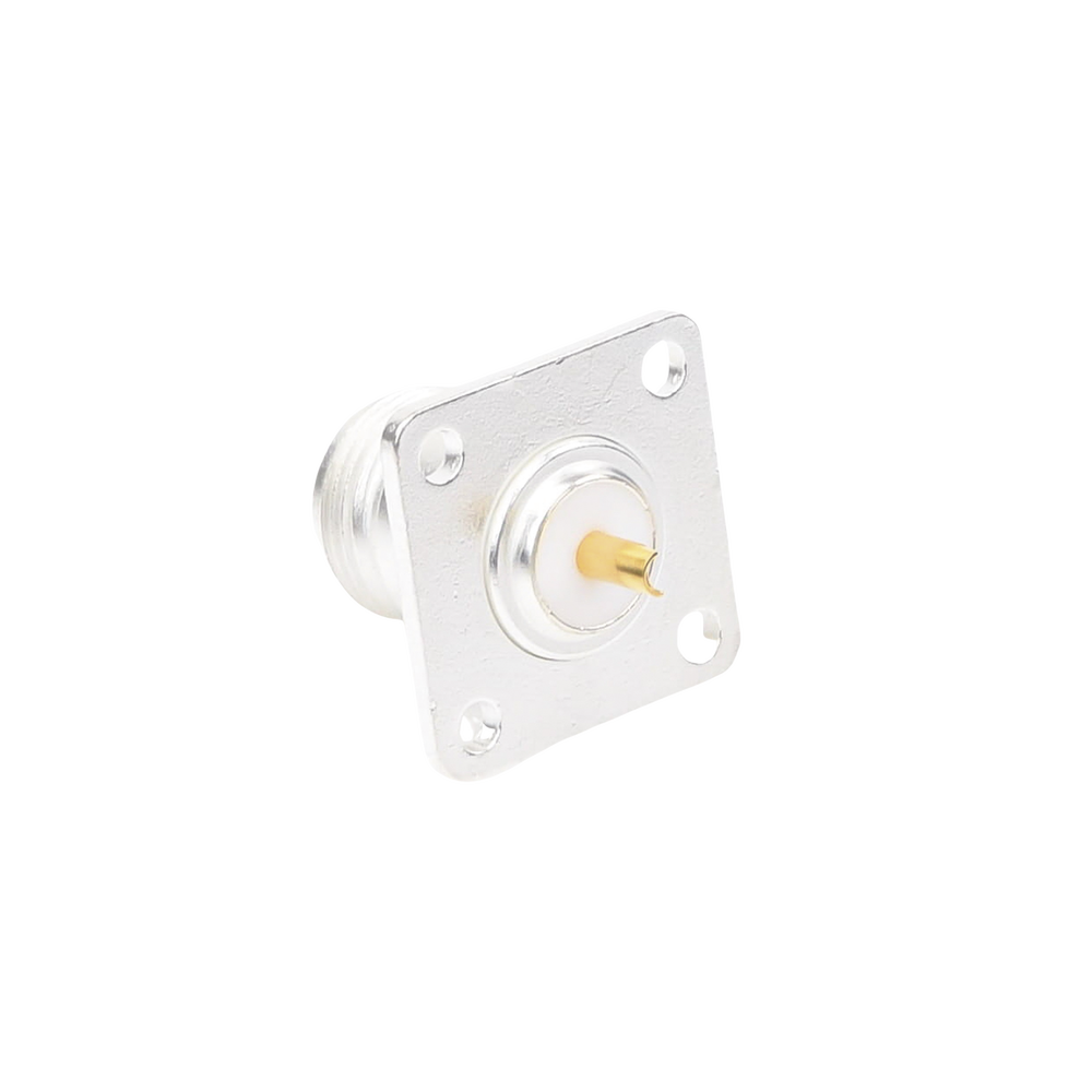 N Female Front Panel Mount Connector with 4 Holes at 18mm, Silver/Gold/Teflon.