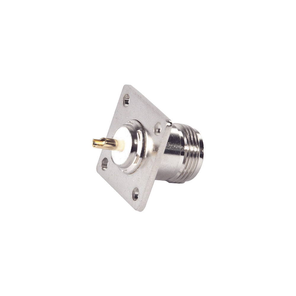 Conector N Hembra para Montaje en Panel, 4 perforaciones a 18 mm, PIN Largo, Plata/ Oro/ Teflón.