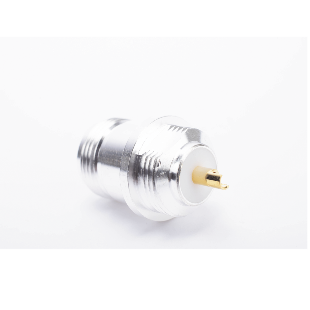 N Female Connector, Front Panel Mount, Double Flat D, Silver/Gold/Teflon.