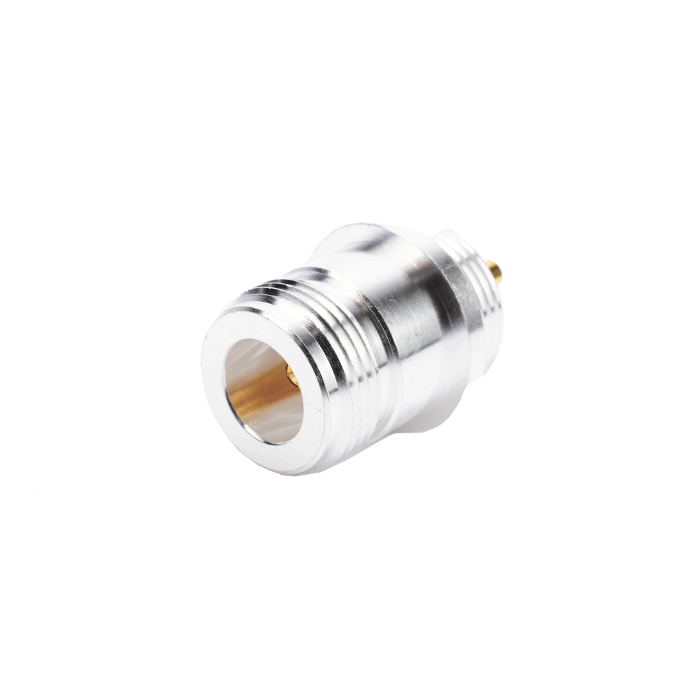 Conector N Hembra, para Montaje Frontal en Panel, Doble D Plano, Plata/ Oro/ Teflón.