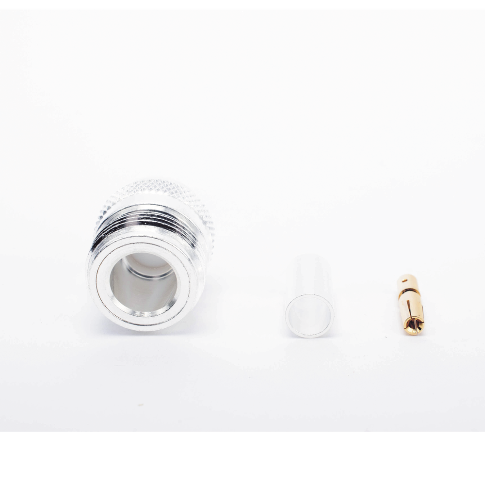 N Female Crimp Ring Connector for RG-58/U Cables, Nickel/Gold/Teflon.