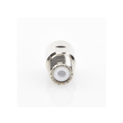 Conector UHF Hembra (SO-239) en Línea de Rosca para RG-8/U, 9913, LMR-400, Níquel/ Plata/ Teflón.