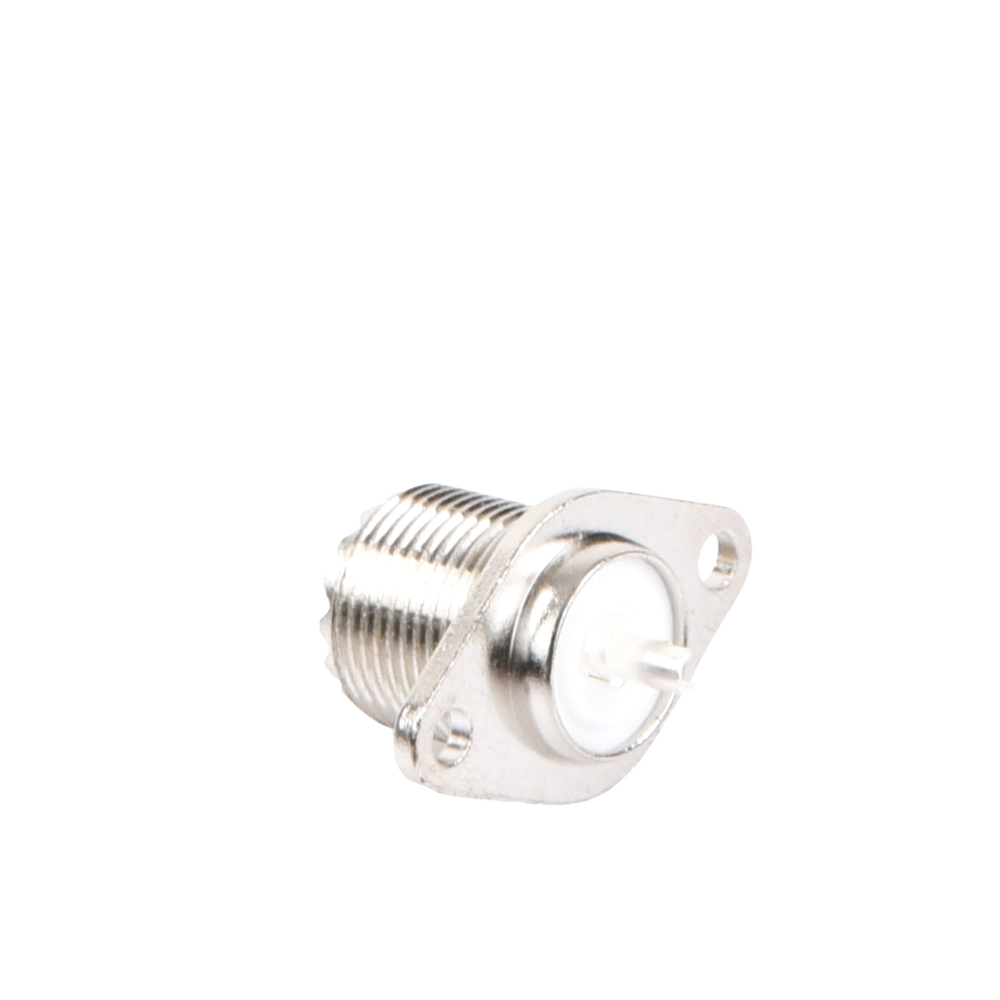 UHF Female (SO-239-2H) Chassis Connector, Double Drilled, Solderable Center Conductor, Nickel/Silver/PBT.