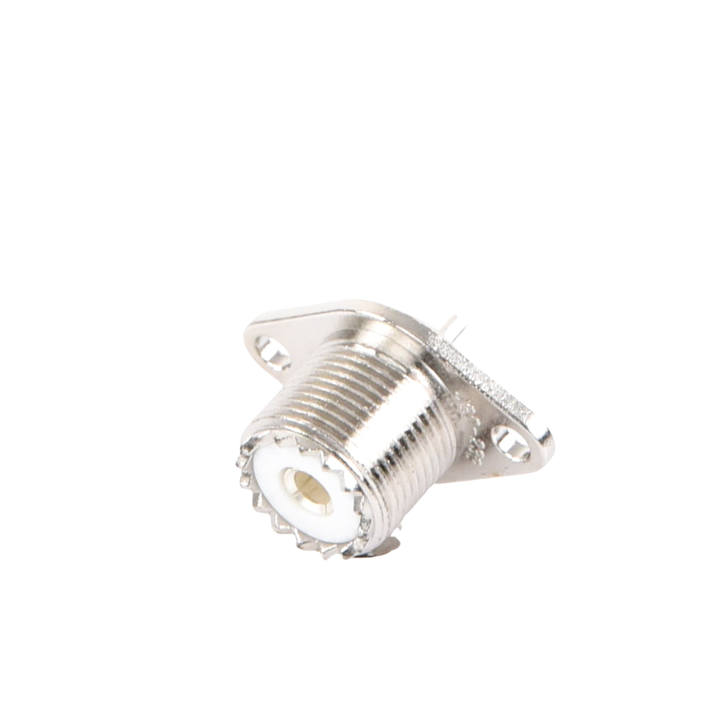 UHF Female (SO-239-2H) Chassis Connector, Double Drilled, Solderable Center Conductor, Nickel/Silver/PBT.