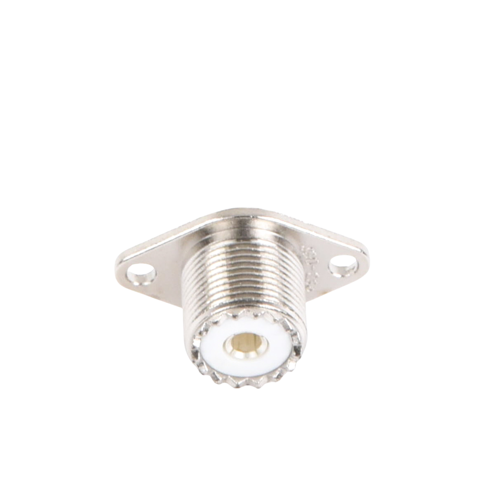 UHF Female (SO-239-2H) Chassis Connector, Double Drilled, Solderable Center Conductor, Nickel/Silver/PBT.