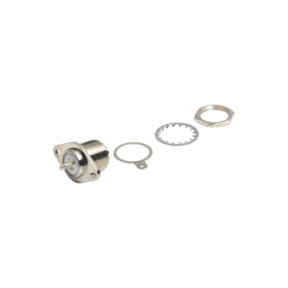 Conector UHF Hembra (SO-239-2H) para Chasis, Doble Perforación, Conductor Central Soldable, Níquel/ Plata/ PBT.