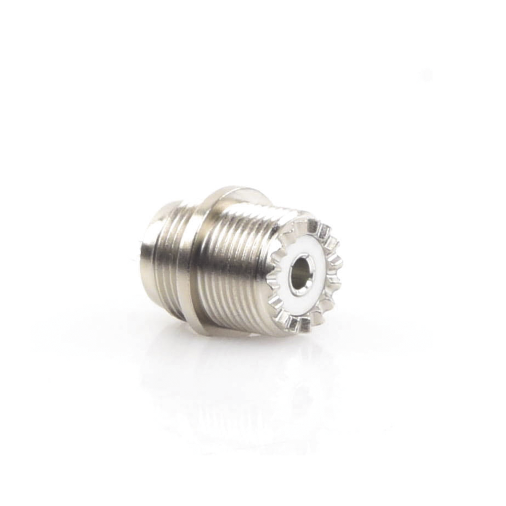 UHF Female (SO-239) In-Line Connector, Flat D-Ring Front Mount, Nickel/Silver/Bakelite.