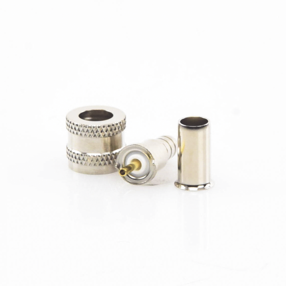 Mini UHF Male Connector, 50 Ohm, Fold-Over Ring for RG-58/U, RG-142/U Cables, Nickel/Gold/Delrin.
