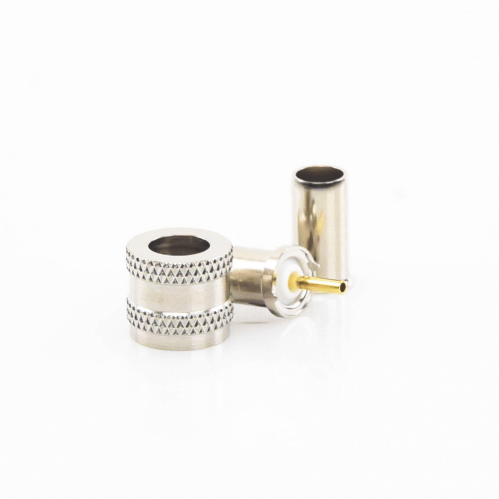 Mini UHF Male Connector, 50 Ohm, Fold-Over Ring for RG-58/U, RG-142/U Cables, Nickel/Gold/Delrin.