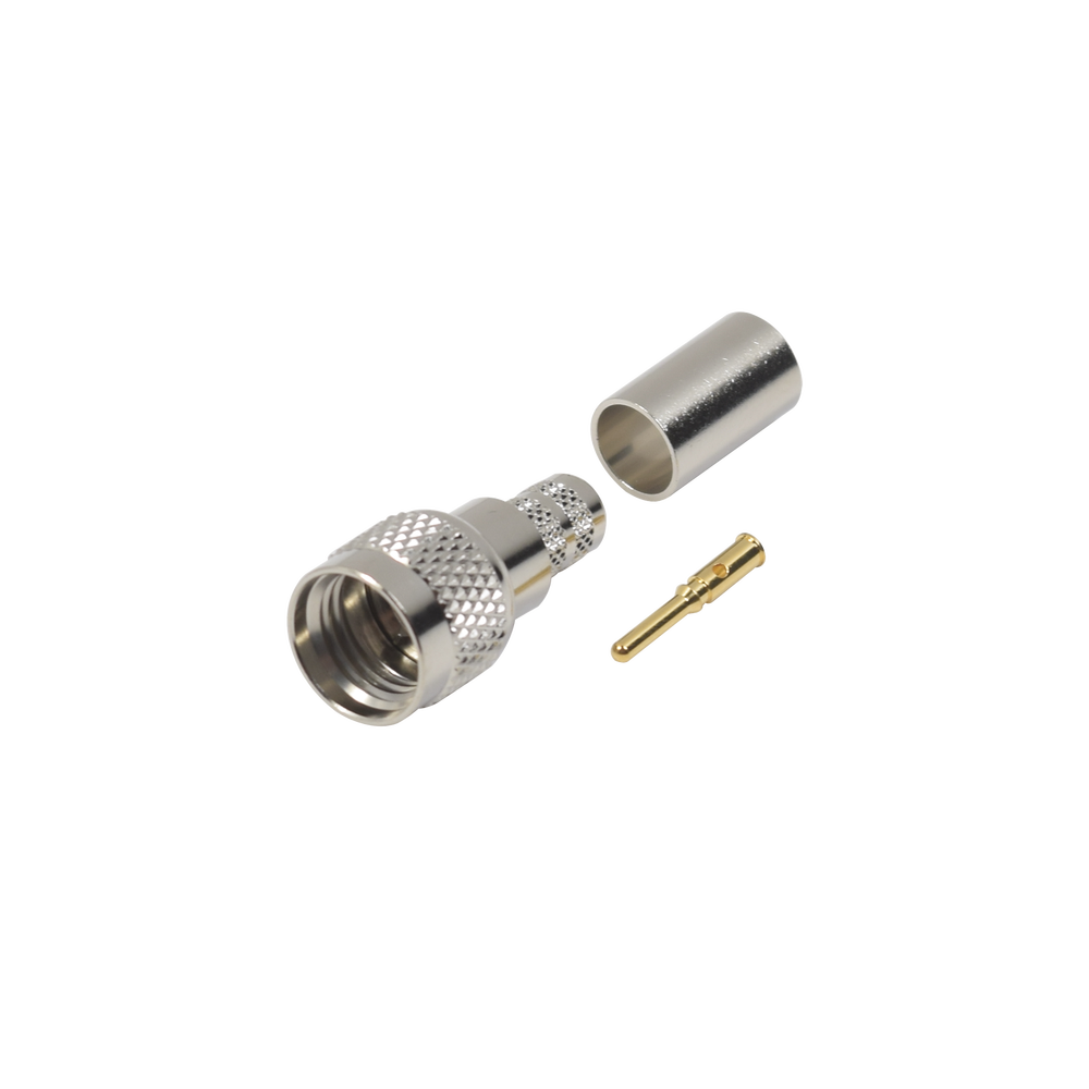 Conector Mini-UHF Macho, 50 Ohm de Anillo Plegable para LMR-240, RG-8/X, 9258, Niquel/ Oro/ Delrin.