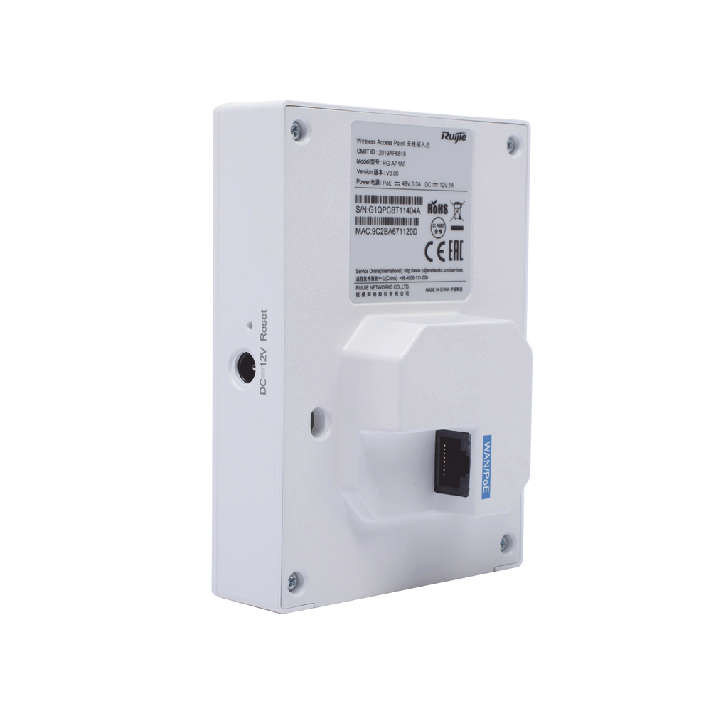 RG-AP180, Indoor Wall Mounted Wireless Access Point, 1.775Gbps Wi-Fi 6 Dual Band, 2x2 MU-MIMO, 4 Additional Gigabit Ports