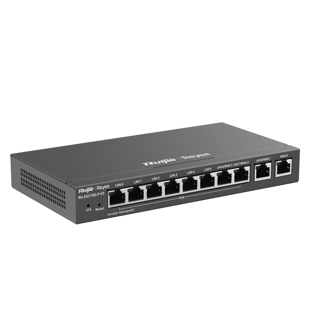 200-user PoE gateway, 10 ports, 600Mbps, up to 2 WAN services, captive portal, application lock, virtual tunnels