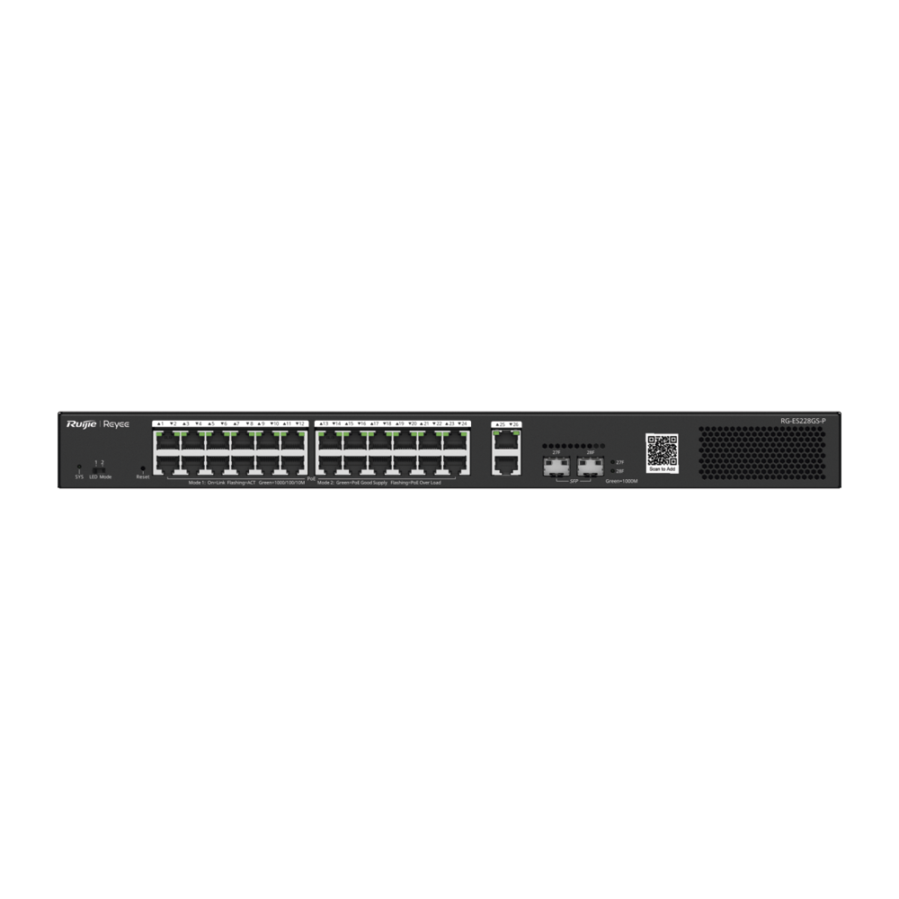 Switch Inteligente PoE Administrable en la Nube de 28 Puertos Gigabit, 24 Puertos PoE+, 2 Puertos RJ45, 2 Puertos SFP, 370W, Reconocimiento de cámaras IP, valor único para la red CCTV
