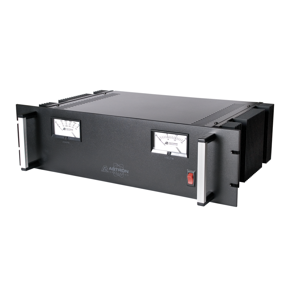 Fuente de poder 13.8Vcd, 50A, lineal regulada con circuito cargador de baterías, medidores, para instalación en rack