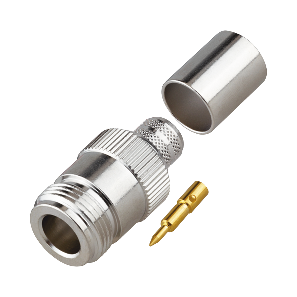 Conector N Hembra Inverso de Anillo Plegable para Cables 9913, RG-8/U, LMR-400, Grupo I, Níquel/ Oro/ Teflón.