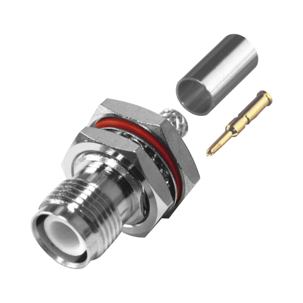 Conector TNC Hembra Inverso de Montaje Trasero en Panel, D-Plano, Chaflán en Rosca a 45 Grados, Hermético de Anillo Plegable para RG-58/U, Níquel/ Oro/ Teflón.