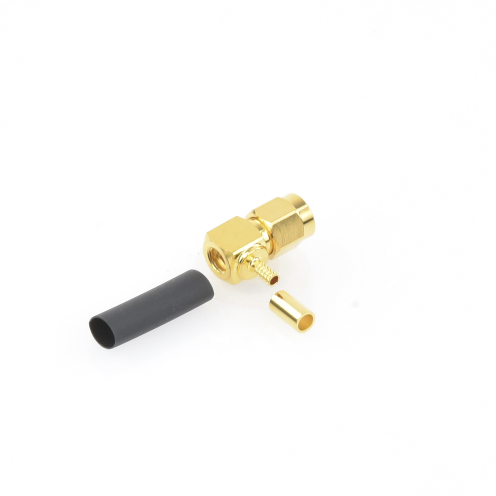 Right Angle Reverse SMA Male Connector, Foldback Ring/RG-174/U, BELDEN 8216, Gold/Gold/Teflon.
