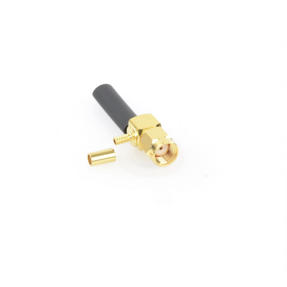 Right Angle Reverse SMA Male Connector, Foldback Ring/RG-174/U, BELDEN 8216, Gold/Gold/Teflon.
