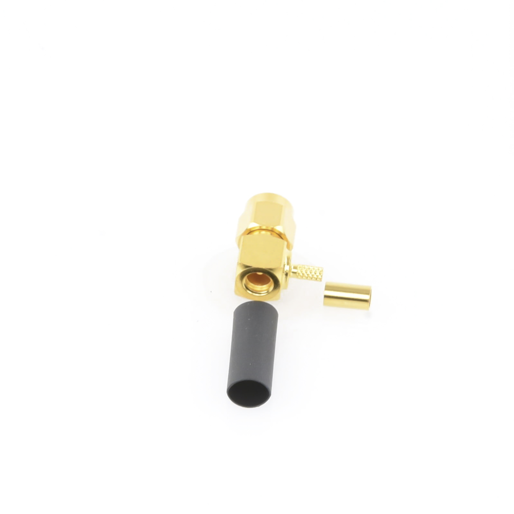 Right Angle Reverse SMA Male Connector, Foldback Ring/RG-174/U, BELDEN 8216, Gold/Gold/Teflon.