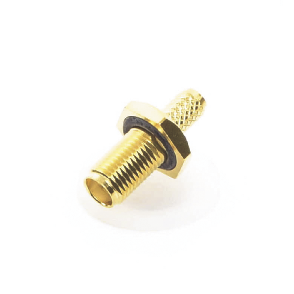 Flat D-Chassis Reverse SMA Female Connector, Folding Ring for RG-142/U Cable, Gold/Gold/Teflon.