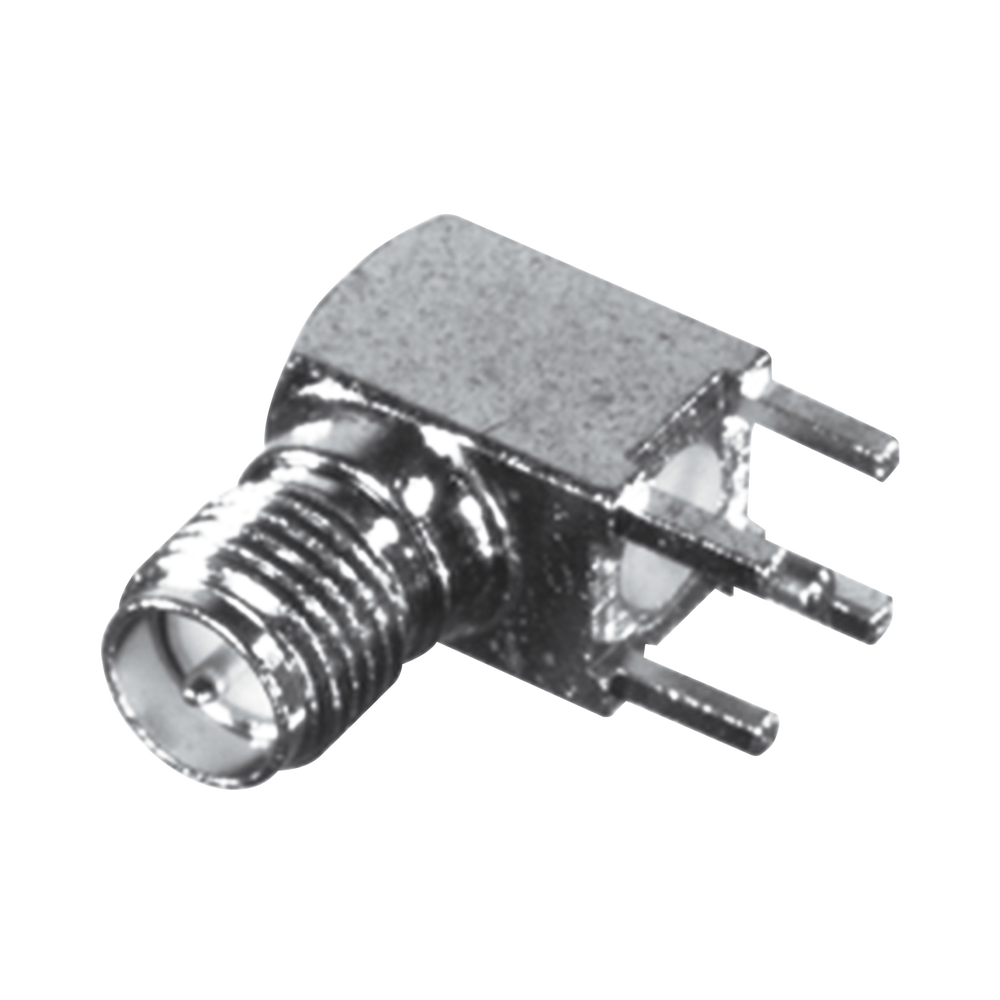 Conector SMA Hembra Inverso en Ángulo Recto con PIN Terminal y 4 Patas para Montaje PCB Coaxial, Oro/ Oro/ Teflón.