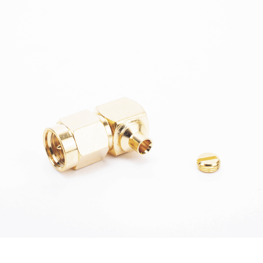 SMA Male Connector in A/R for Semi-Rigid Cable of 0.085" Diameter, Gold/Gold/Teflon.