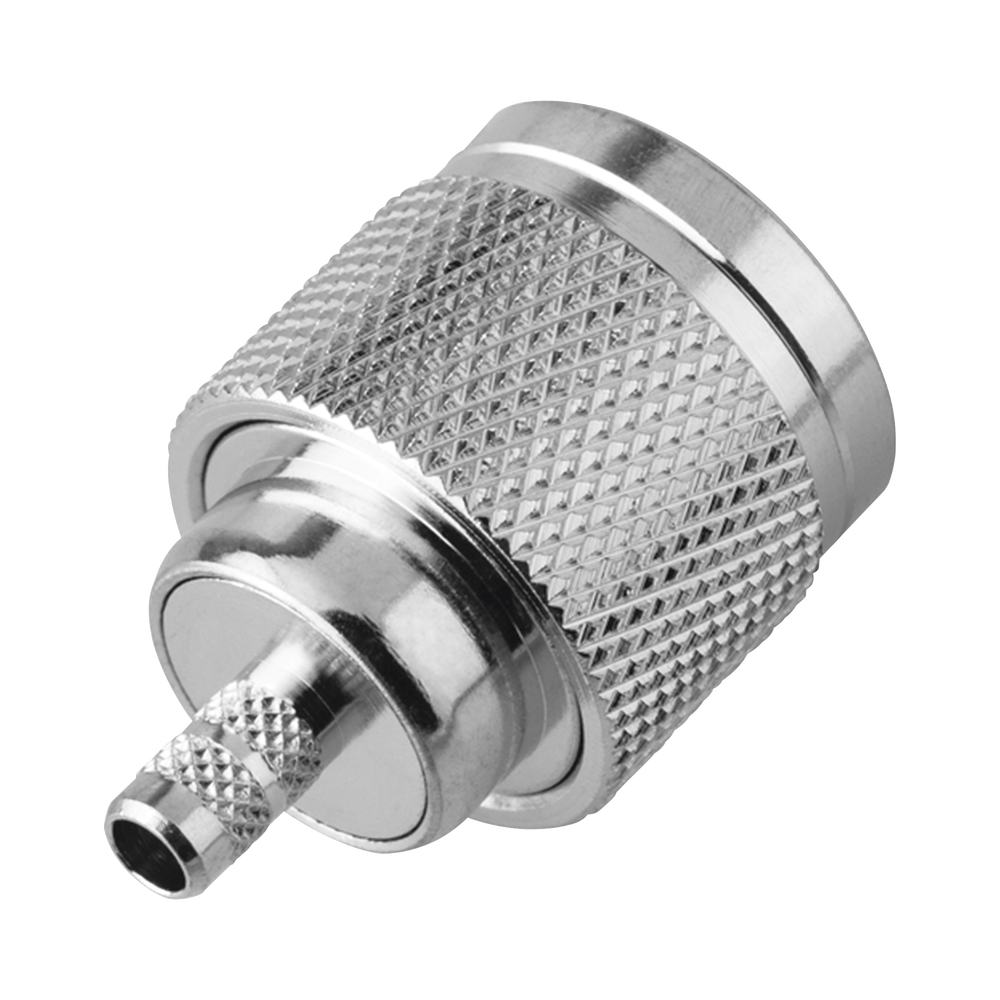 Conector N Macho de Rosca Izquierda, Anillo Plegable para Cable RG-58/U, Grupo C, Níquel/ Oro/ Teflón.