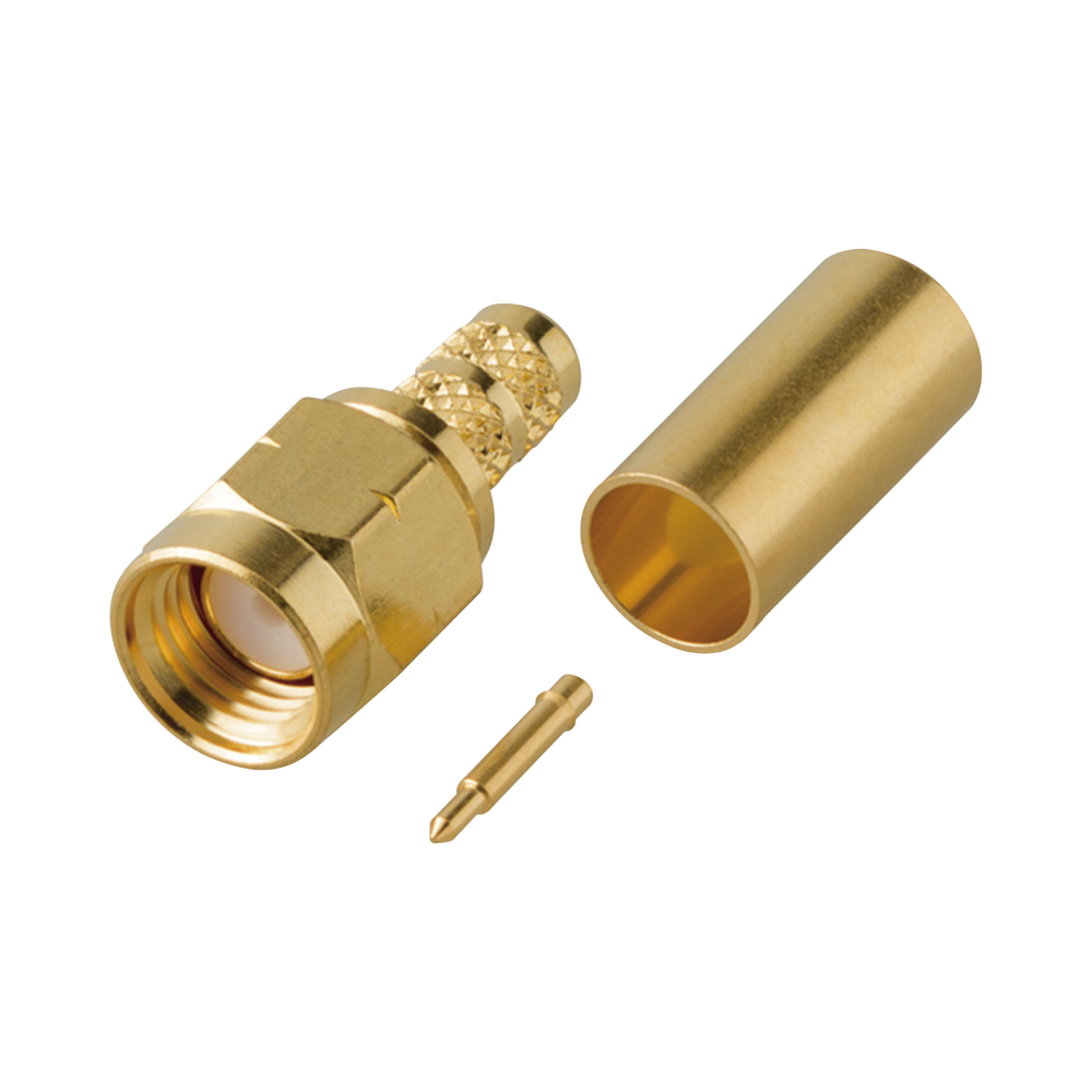 Conector SMA Macho de Rosca Izquierda, Anillo Plegable para Cable RG-58/U, Oro/ Oro/ Teflón.