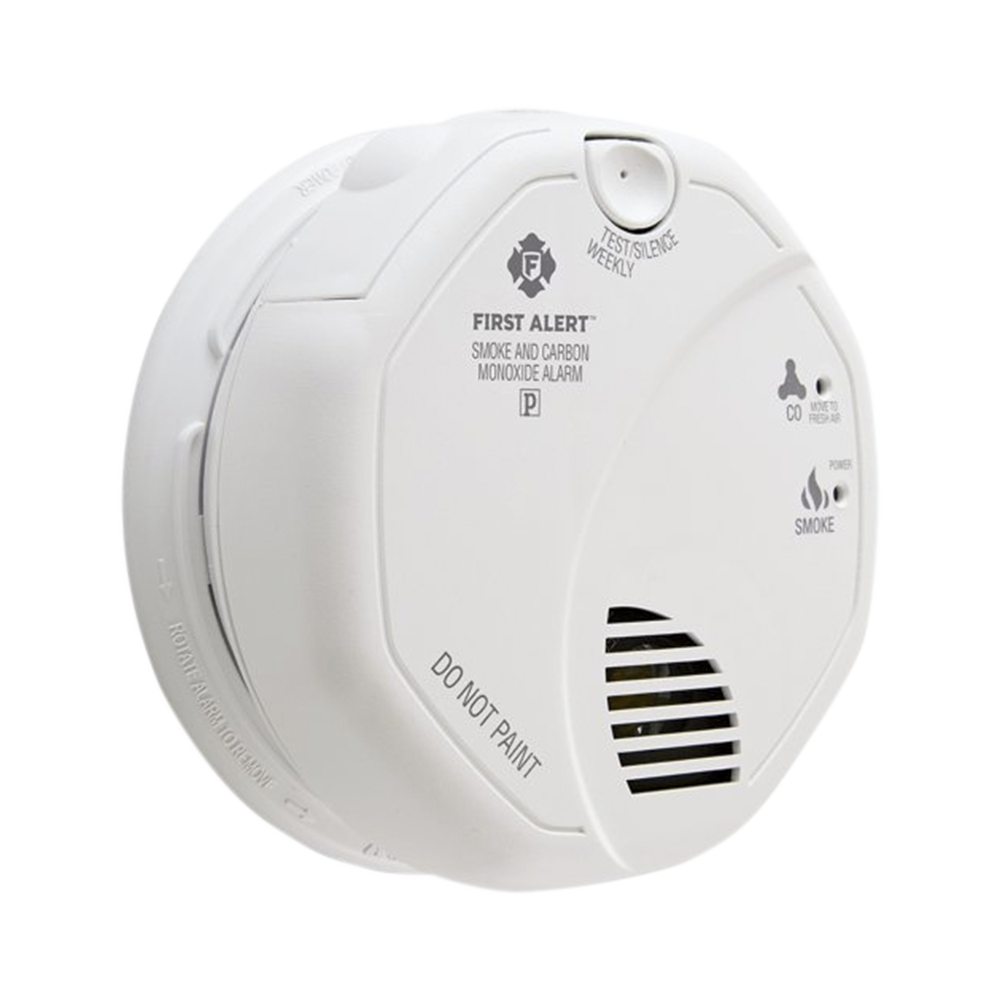 Smoke and carbon monoxide detector, hardwired, photoelectric, with battery backup.