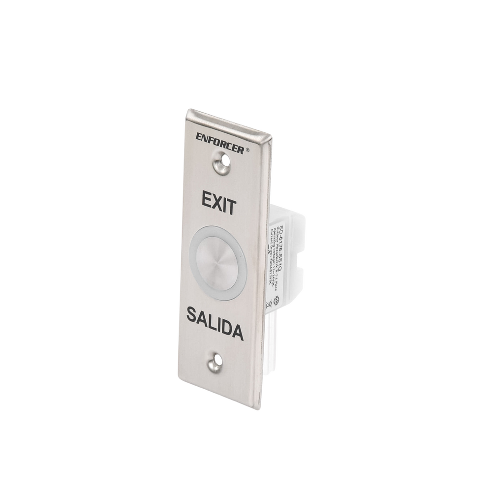 Exit button with green and red illuminated ring / IP65 / Buzzer / toggle function (latching) / Timed function / two NC/NO contact outputs / stainless steel plate