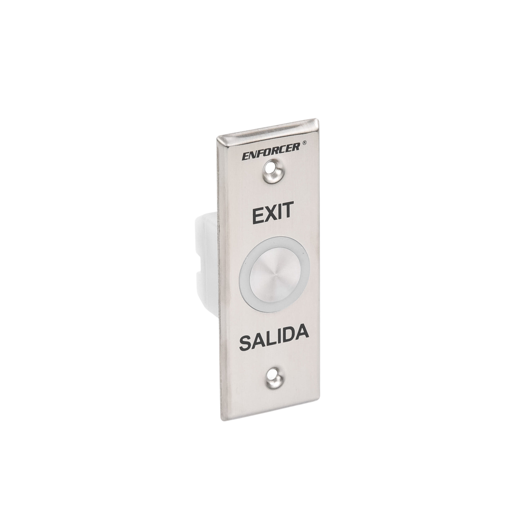 Exit button with green and red illuminated ring / IP65 / Buzzer / toggle function (latching) / Timed function / two NC/NO contact outputs / stainless steel plate