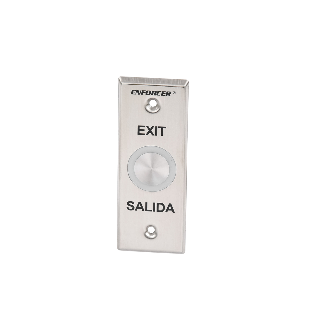 Exit button with green and red illuminated ring / IP65 / Buzzer / toggle function (latching) / Timed function / two NC/NO contact outputs / stainless steel plate