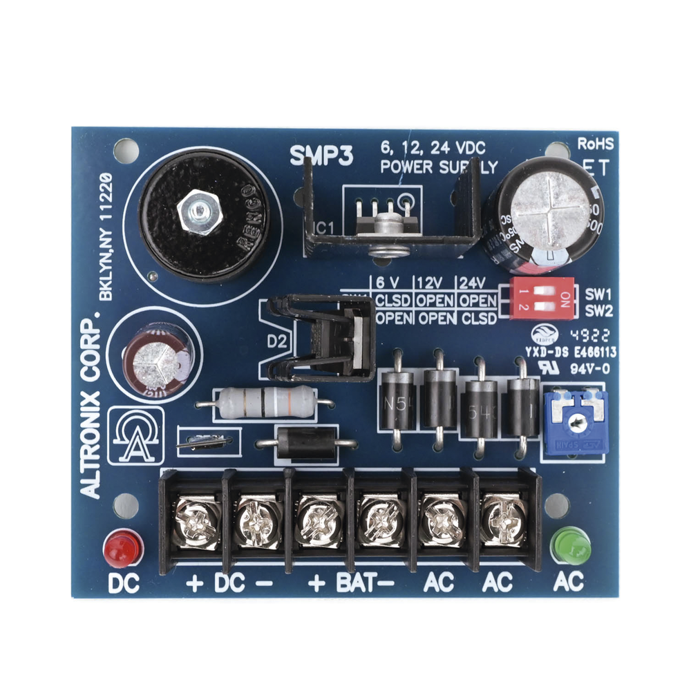 Card type source with 1 selectable output in 6, 12 and 24Vdc @ 2.5 A with backup capacity, requires input transformer
