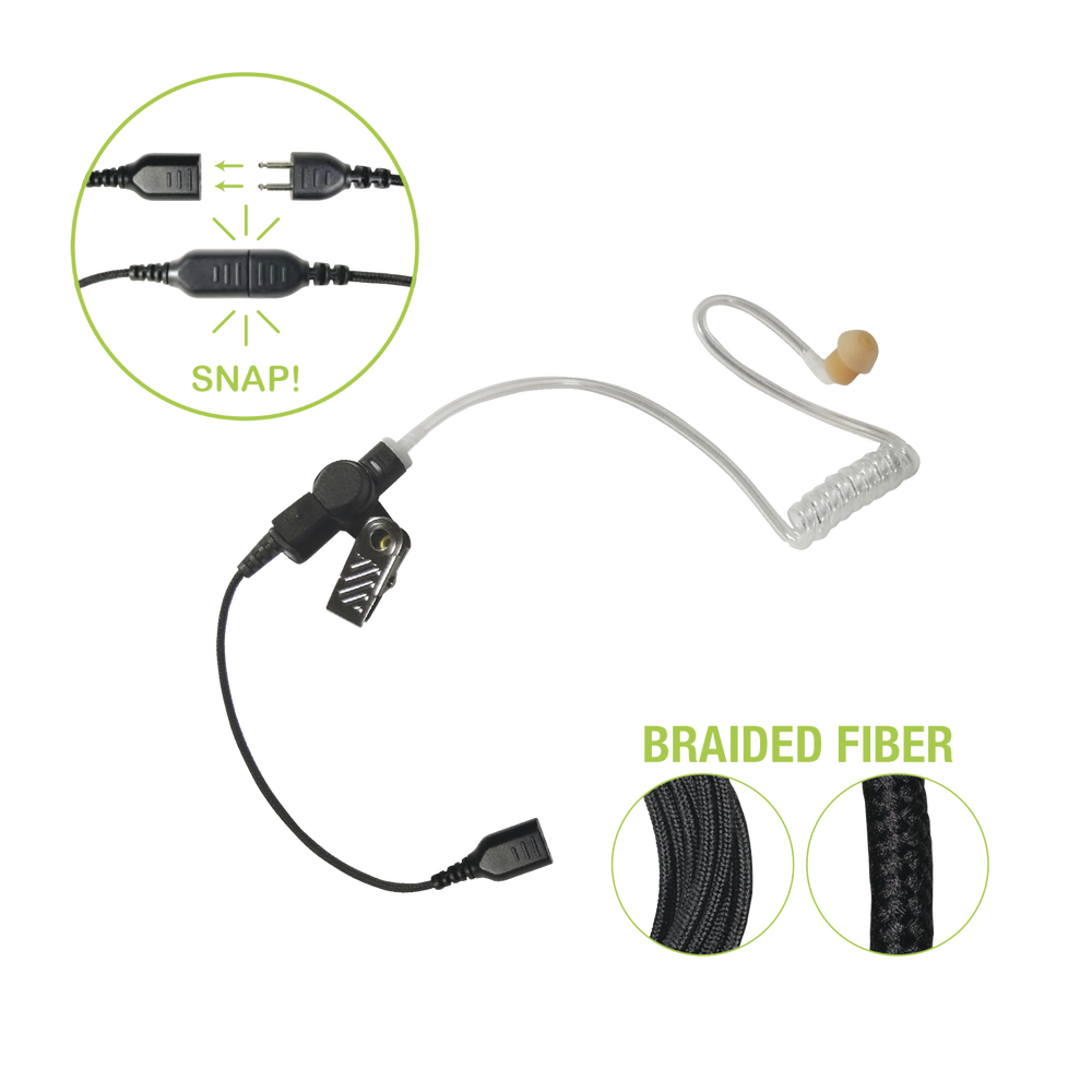 Transparent acoustic tube earpiece with braided fiber cable and MIRAGE-type SNAP connector. Requires a 1- or 2-wire SNAP Series lavalier microphone.