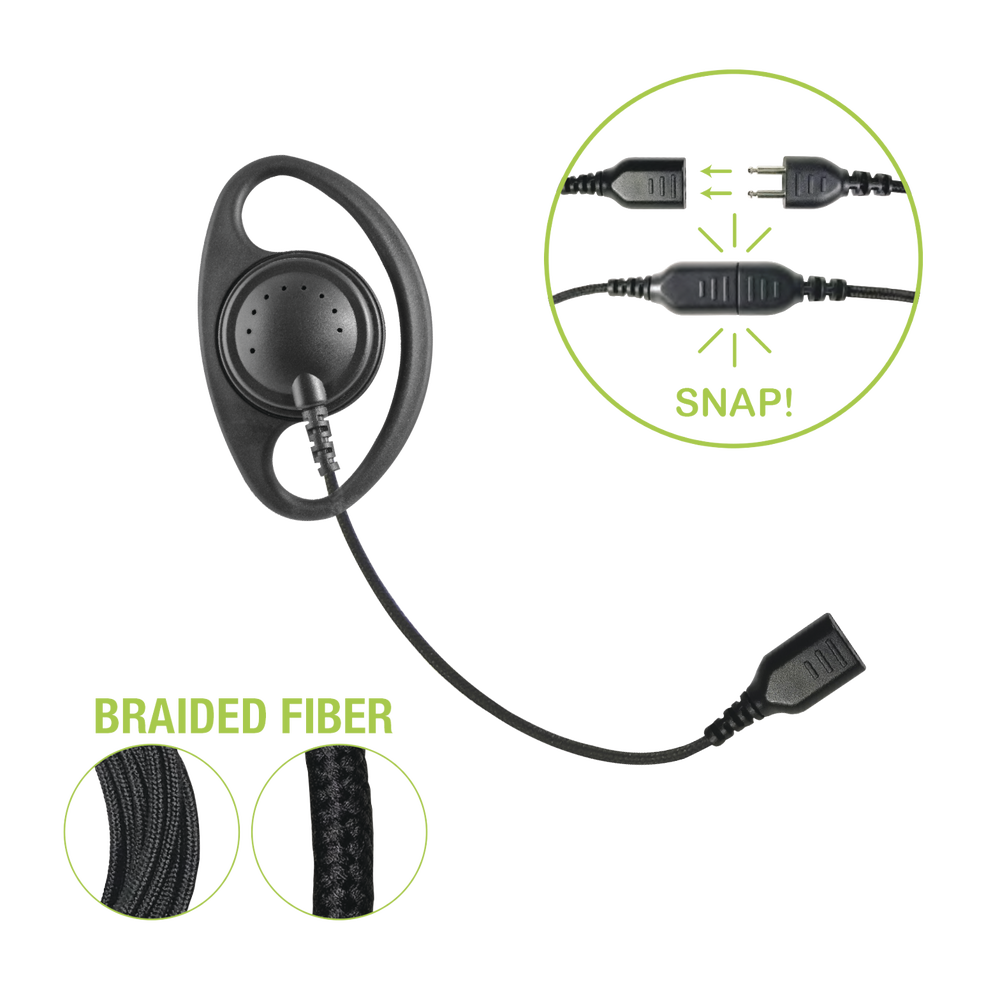 D-ring headset with braided fiber cable and SNAP connector. Requires a SNAP Series single- or double-wire lavalier microphone.
