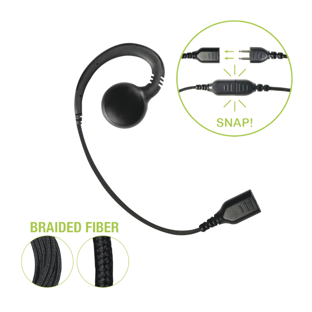 Swivel G-hook earpiece with braided fiber cable and SNAP connector. Requires SNAP Series single- or double-wire lavalier microphone.