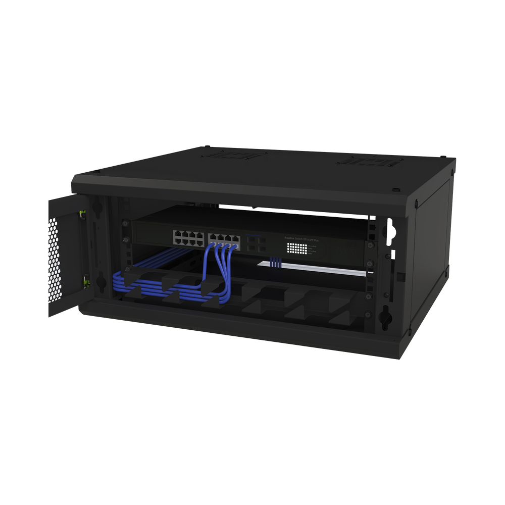 Gabinete de Pared Fijo, Con 4 Unidades de Rack, de 19 in, Fabricado en Acero, Puerta Perforada.