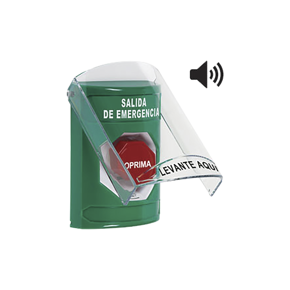 Botón de Salida de Emergencia en Español con Tapa Protectora de Policarbonato Súper Resistente, Acción Mantenida, Girar para Restablecer y Sirena