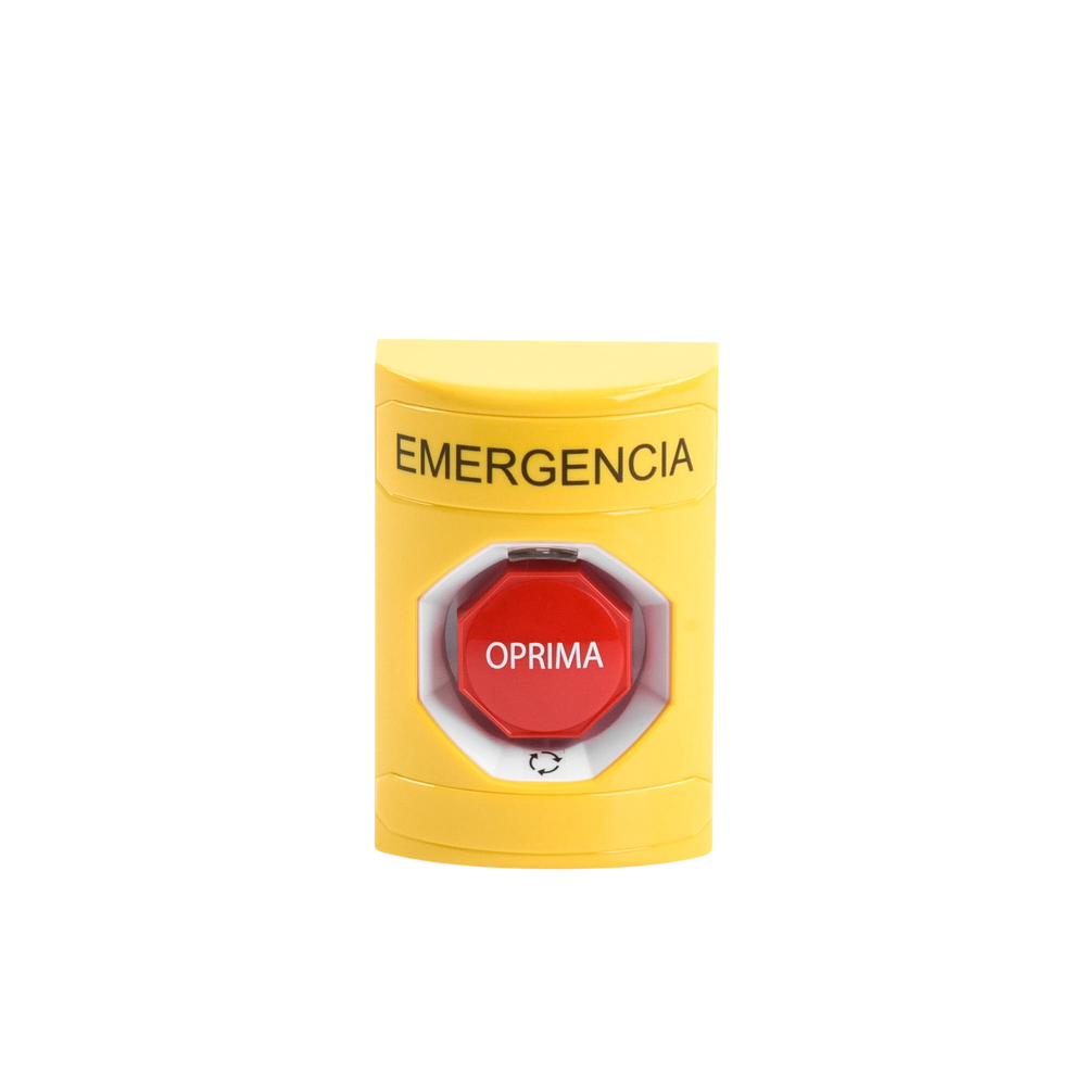 Botón de Emergencia en Español, Color Amarillo, Acción Mantenida, Girar para Restablecer y LED Multicolor