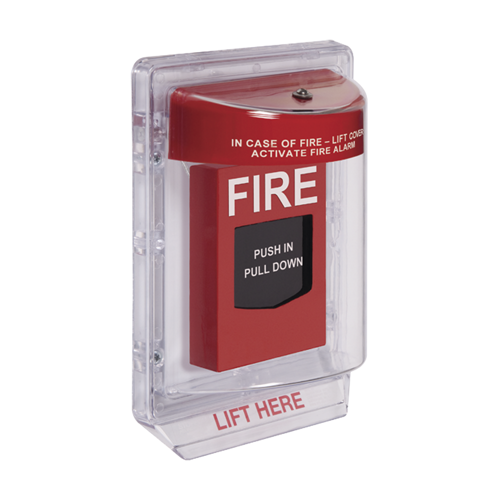 Super-resistant polycarbonate fire lever guard, with siren and English text.
