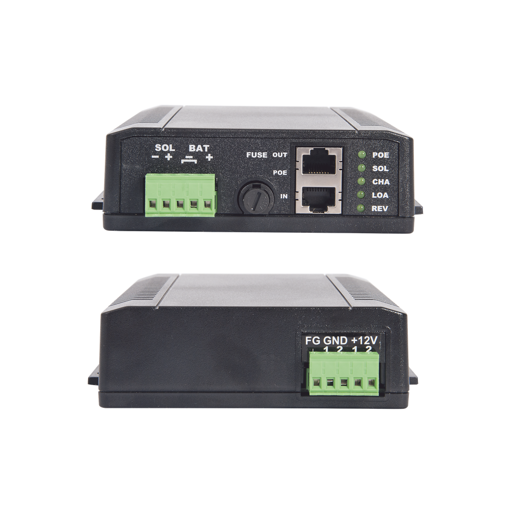 Controlador Solar POE, Entrada 24 Vcd Hasta dos Paneles Solares de 125 Watts (en Serie), Salida PoE Pasivo en 24 Vcd Hasta 20 Watts Máximo.