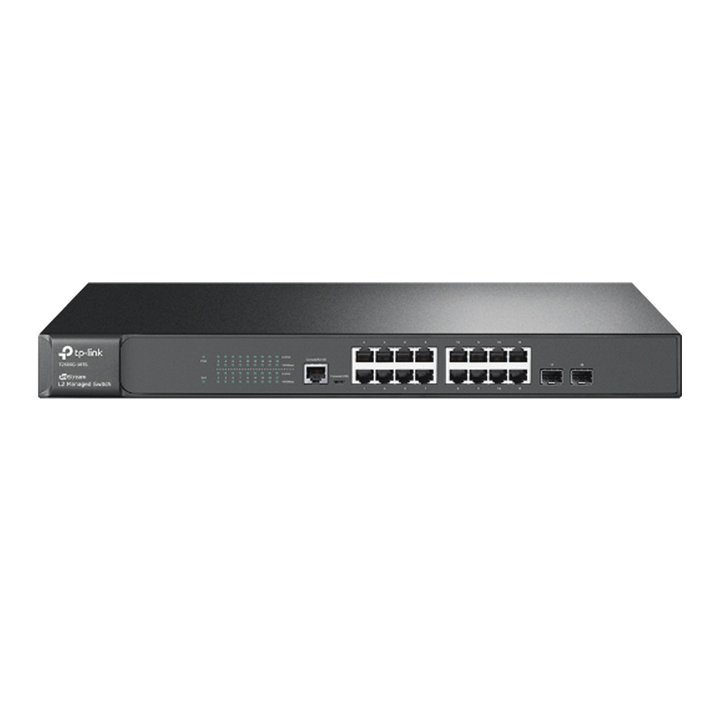 JetStream Gigabit Managed Layer 2 Switch, 16 10/100/1000 Mbps ports + 2 SFP ports, 1 console port.