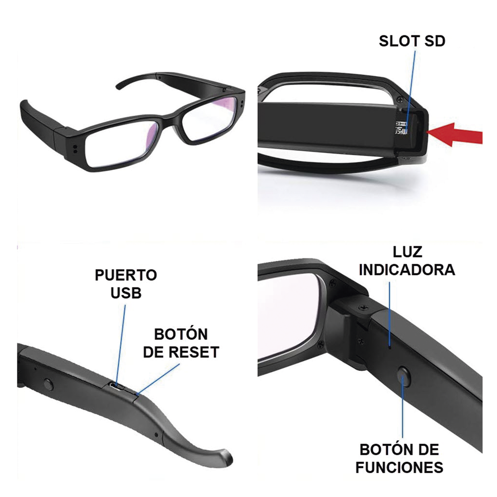 Cámara Oculta en Lentes / Resolución 2 Megapixel (1080P) / Memoria de 8GB / Grabación de Audio y Vídeo / Captura de Fotografías