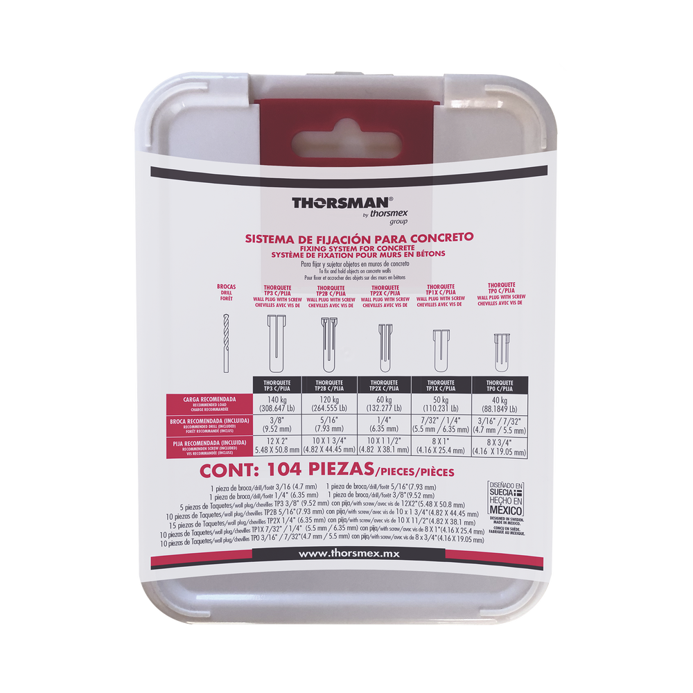 Kit para Sistemas de Fijación en Concreto, Taquetes con doble expansión y guía incluida para fácil instalación (104 piezas)